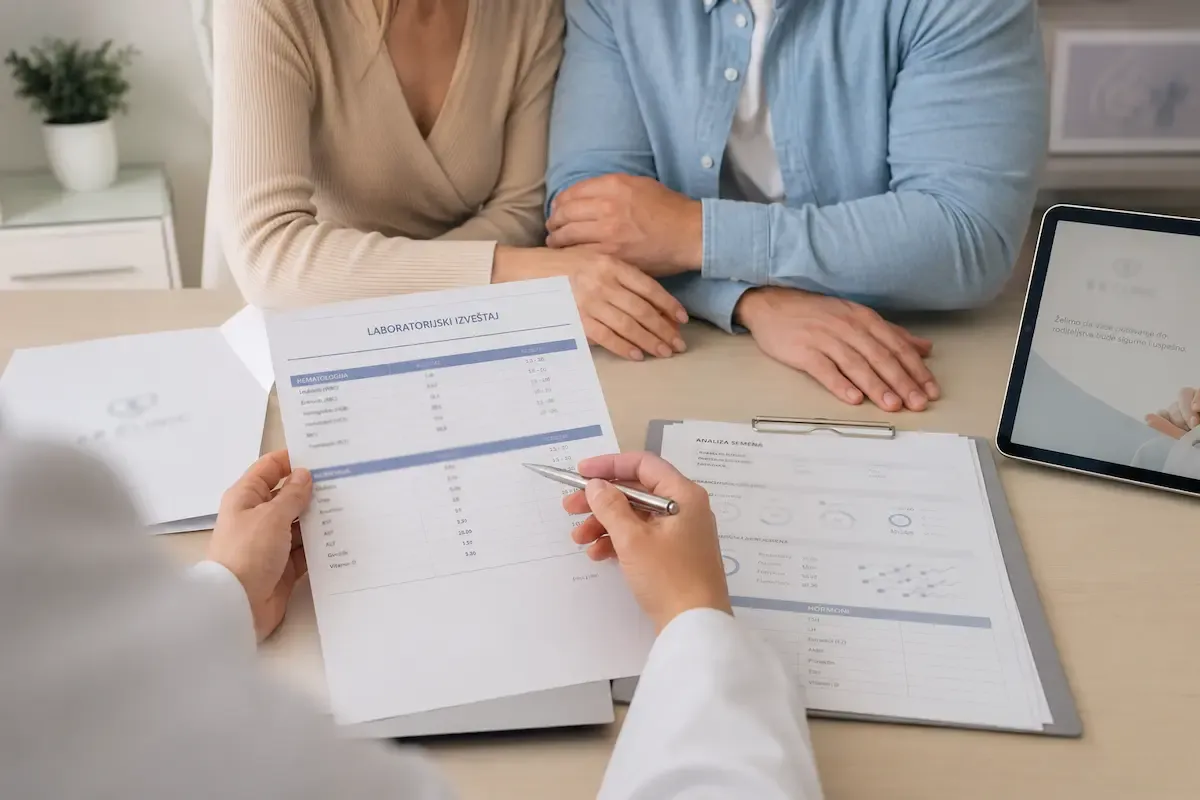 Lekar B.B. Clinic pregledava laboratorijske analize para pre vantelesne oplodnje